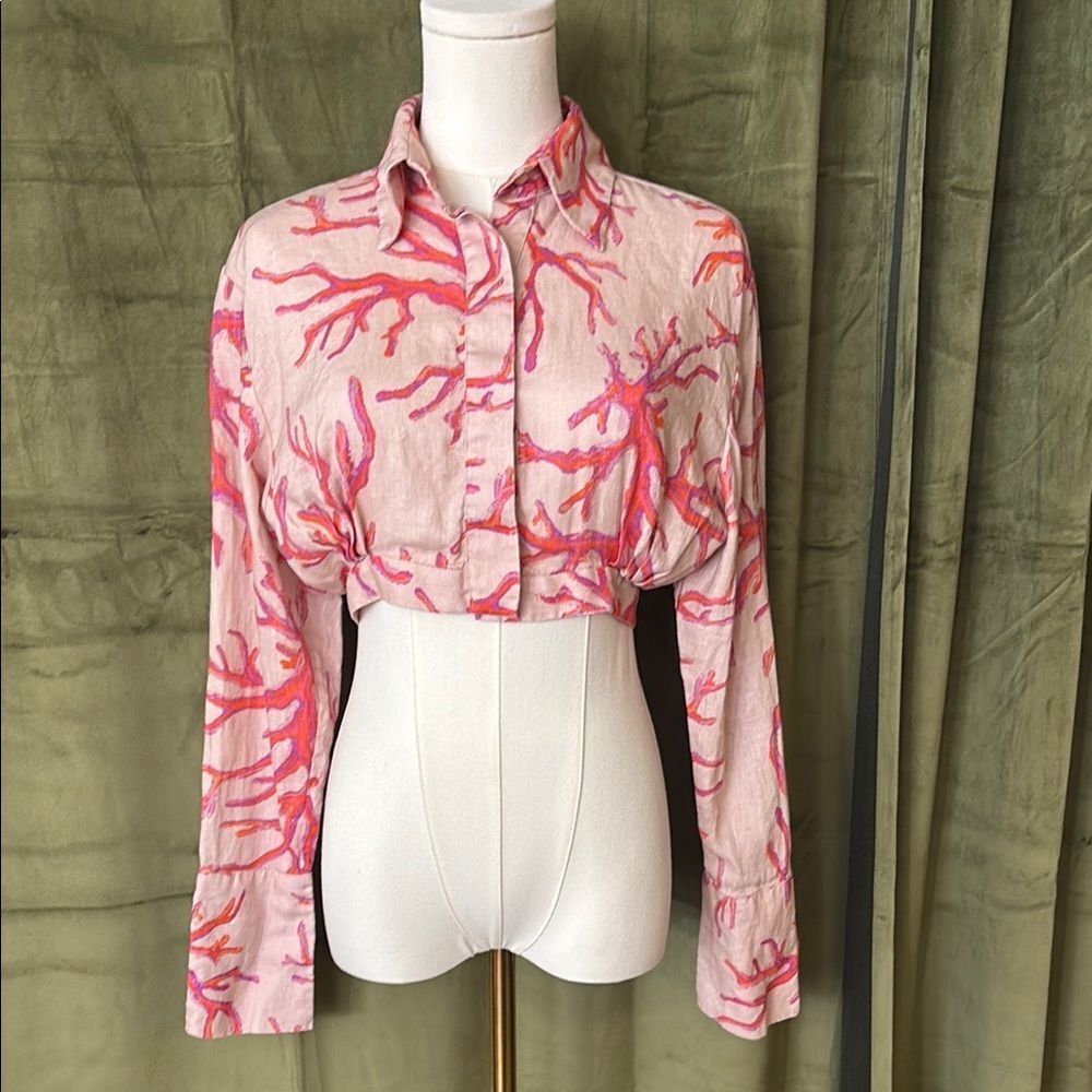 Pink Coral-Print Cropped Button-Up Shirt - Women Tops